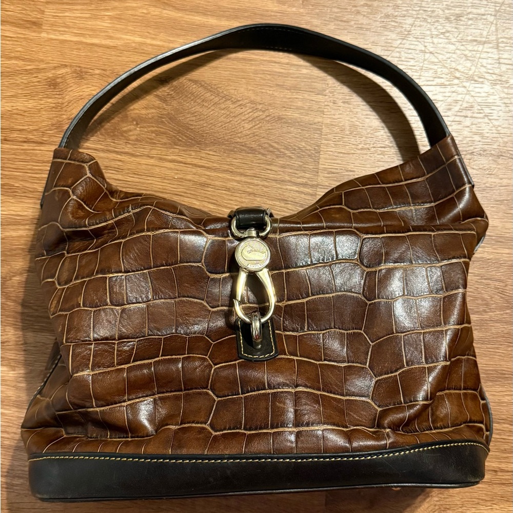 Dooney Bourke Brown Croc-Embossed Hobo Bag with Ostrich Logo Lock